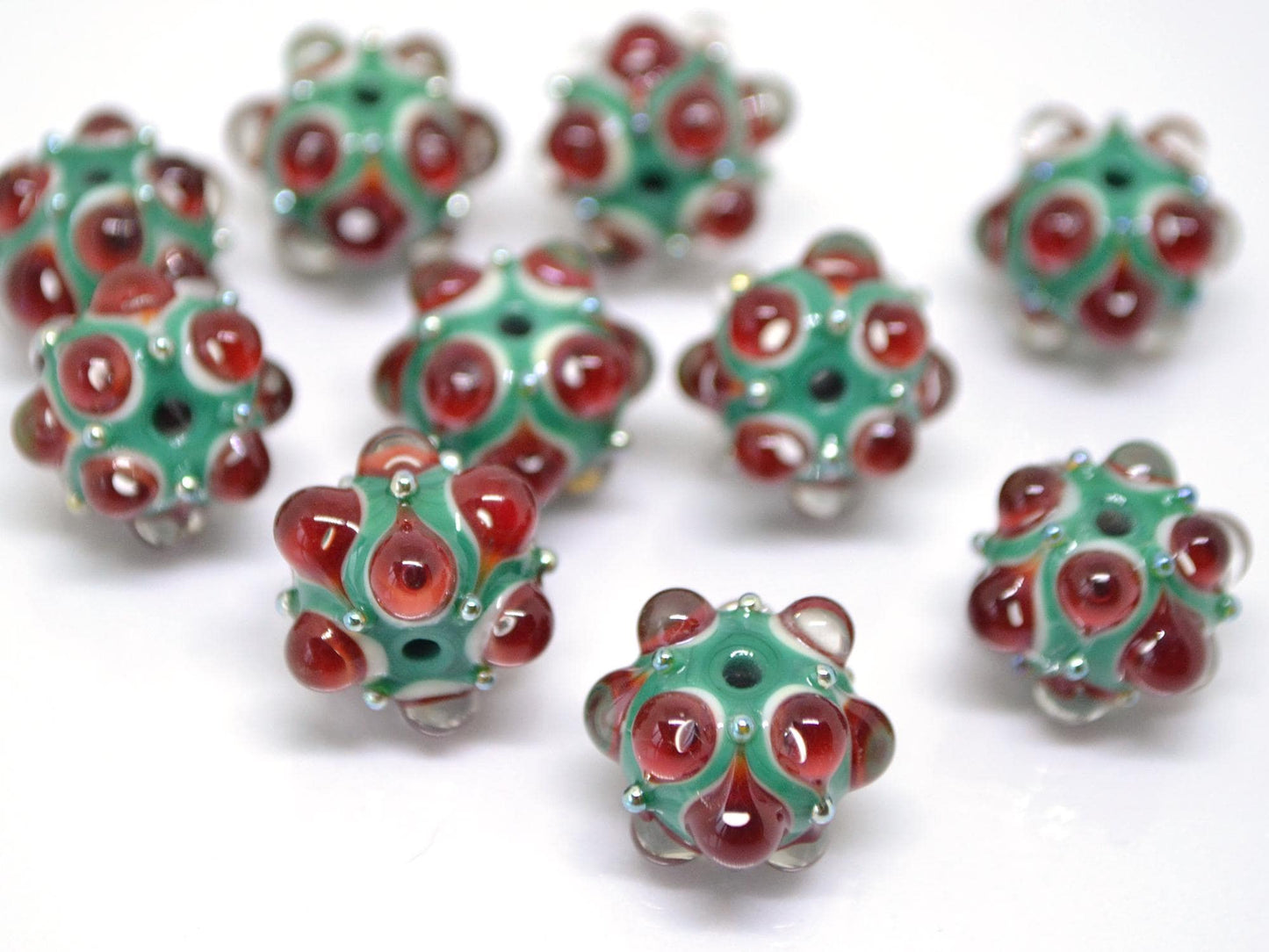 Red Green Lampwork bead, Red dots glass beads, Green lampwork beads, Rondelle beads with dots, Artisan lampwork, Handmade bead