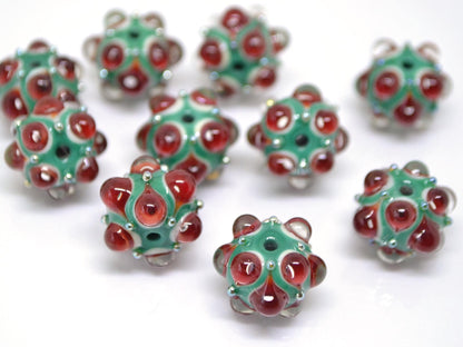 Red Green Lampwork bead, Red dots glass beads, Green lampwork beads, Rondelle beads with dots, Artisan lampwork, Handmade bead