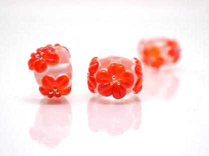 red flower beads red glass beads with flowers red transparent bead clear lampwork beads summer bright red beads earrings making jewelry