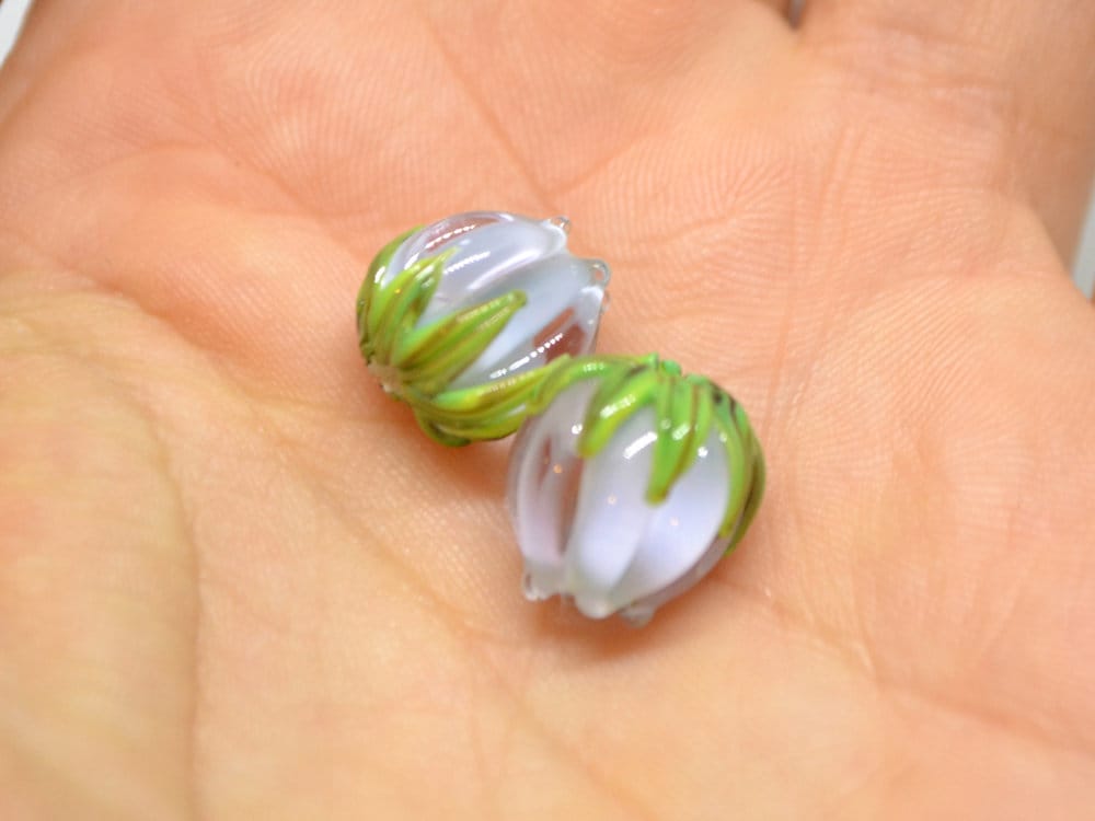 Pale blue and pink flower beads, Pastel Floral glass beads with green leaves, 12mm flower beads, Easter, Artisan lampwork