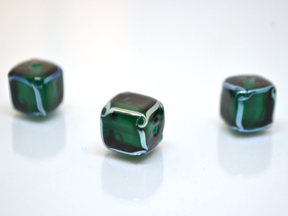 emerald glass beads handmade green cube beads lampwork cube bead geometric glass bead square lampwork bead art glass beads green silver bead