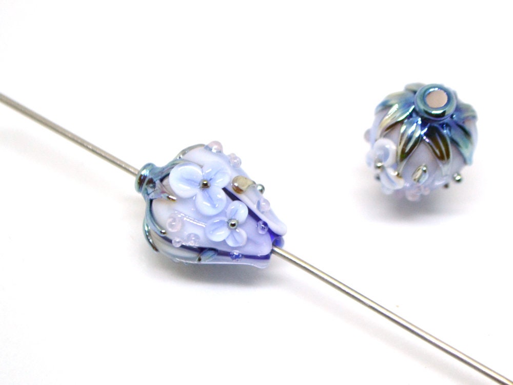 Blue Glass flower bouquet on lampwork bud beads, Pale blue lampwork beads, Miniature flowers, Something blue