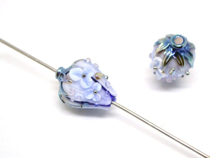 Blue Glass flower bouquet on lampwork bud beads, Pale blue lampwork beads, Miniature flowers, Something blue