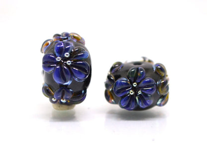 Dark lavender flower beads, Rondelle flower beads, Black blue glass beads, Spacer flower beads, Rondelle lampwork, Rondelle spacer bead