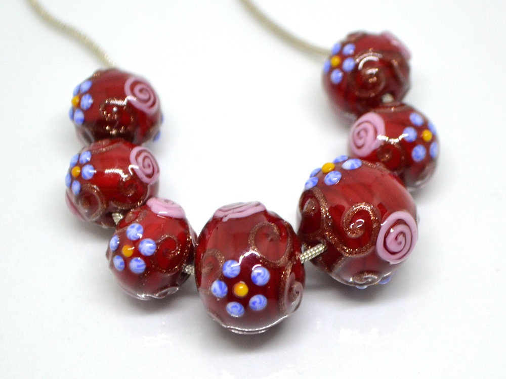 Murano glass red beads with blue pink flowers, Italian glass beads, Red glass beads, Venetian glass, Unusual beads, Bordeaux, vintage bead