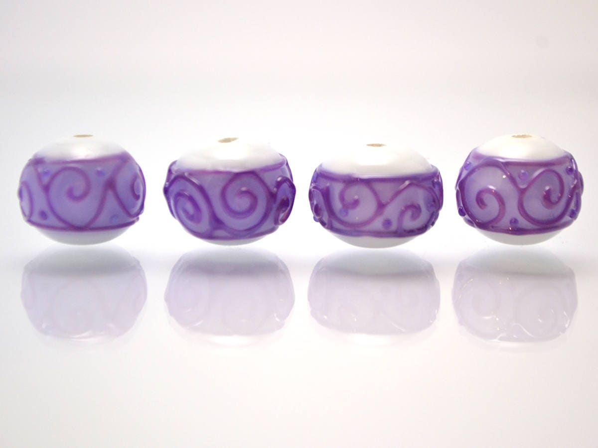 white purple lampwork glass rondelle bead handmade artisan lampwork bead set jewelry making earrings violet curl texture swirl carved beads