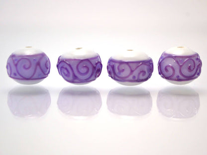 white purple lampwork glass rondelle bead handmade artisan lampwork bead set jewelry making earrings violet curl texture swirl carved beads