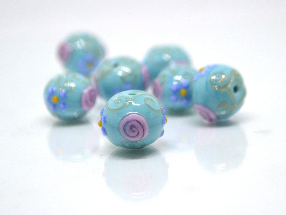 Sea Blue green Glass beads, Venetian Glass,  Vintage beads, Bohemian glass, Vintage jewelry, Beads for necklace, Artisan lampwork, flower