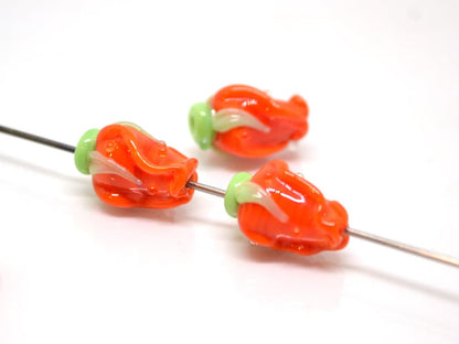 Orange rose bud beads, Lampwork Glass rosebud beads, Lampwork rose flower, Focal lampwork beads