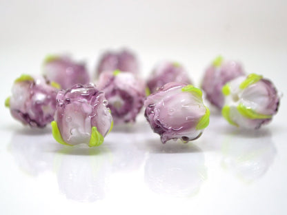 Amethyst white rosebud beads, Lilac floral lampwork, Lilac glass beads, DIY Jewelry, Flower glass beads, Flower Jewelry, Made for order