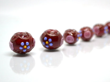 Murano glass red beads with blue pink flowers, Italian glass beads, Red glass beads, Venetian glass, Unusual beads, Bordeaux, vintage bead