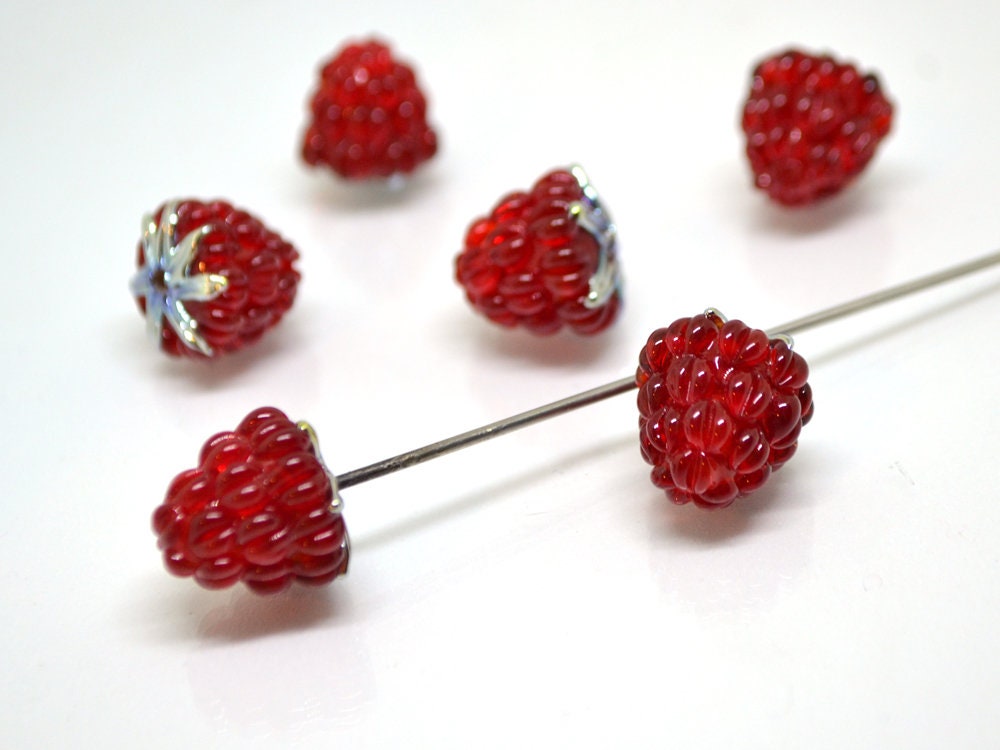 Red silver lampwork raspberry, Red glass berries, Gloss Lampwork beads, Berry glass beads, Lampwork Raspberries, Summer jewelry