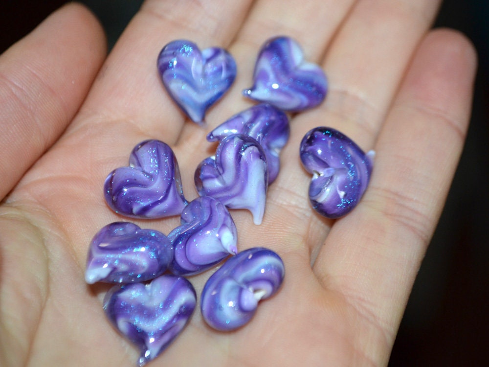 Purple sparkle heart beads, Lavender glass bead, Sparkling Lampwork Heart shape bead, Handmade Glass Heart charm beads, Half-drilled beads