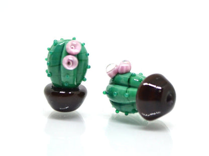 Glass cactus beads with pink flower, Dessert plants, Cactus flower in a pot pendant, Succulent beads