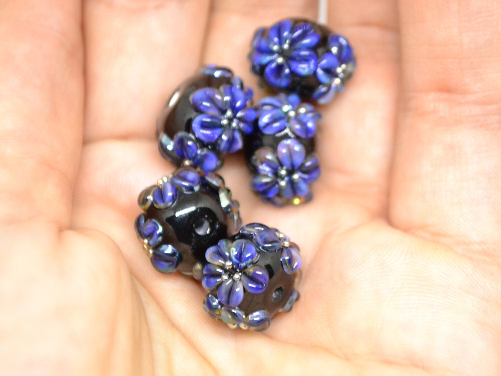 Dark lavender flower beads, Rondelle flower beads, Black blue glass beads, Spacer flower beads, Rondelle lampwork, Rondelle spacer bead