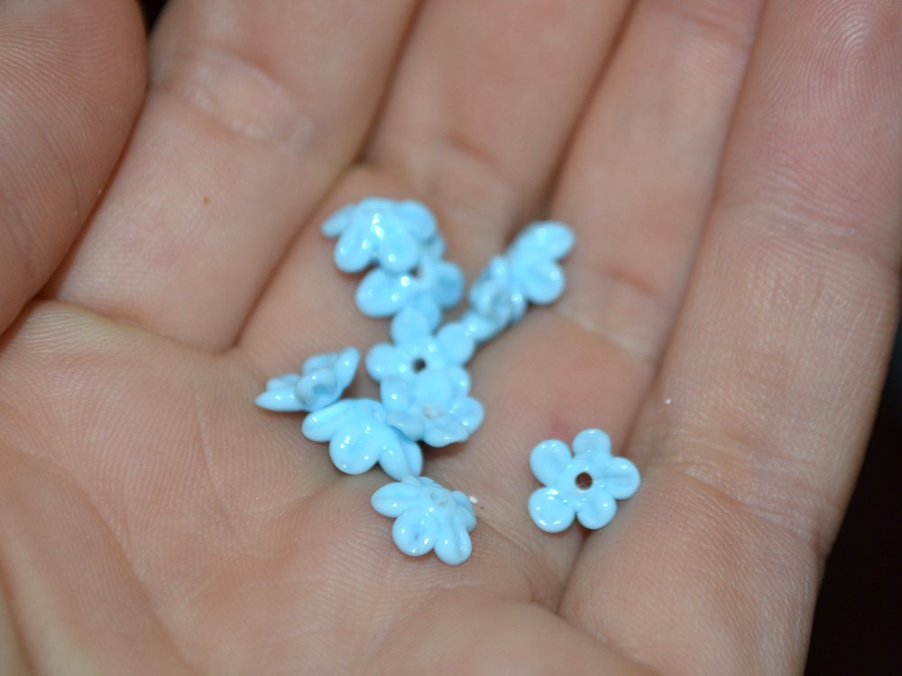 Opaque blue Mini flower beads, Blue spacer beads, Wedding lampwork, Flower bead caps, Something blue, Tiny flowers, Blue wedding beads