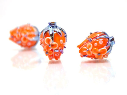 Orange silver flower bouquet lampwork beads, Bright lampwork beads, Artisan lampwork, SRA beads