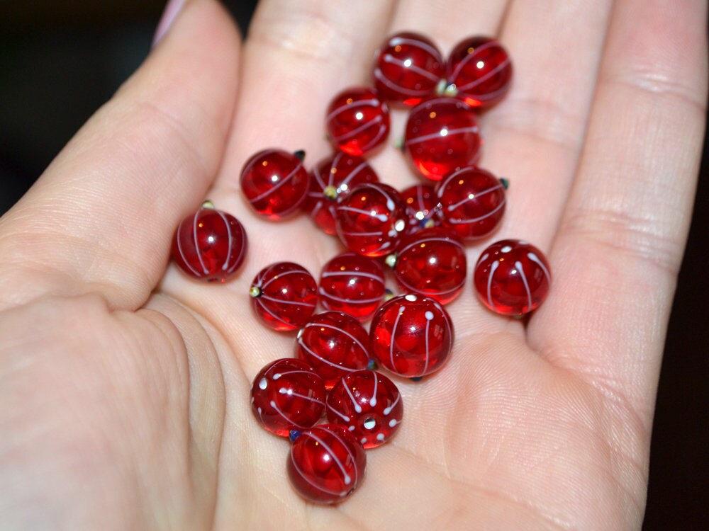 Lampwork Red currant beads, Gloss glass berries, Lampwork berry, Glass Redcurrant, Red berries white stripes, half-drilled beads