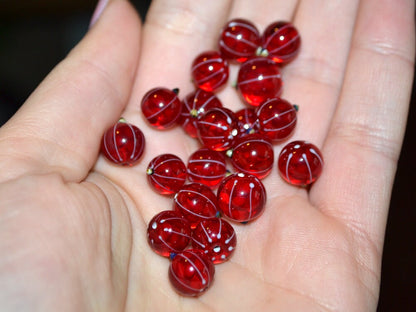 Lampwork Red currant beads, Gloss glass berries, Lampwork berry, Glass Redcurrant, Red berries white stripes, half-drilled beads