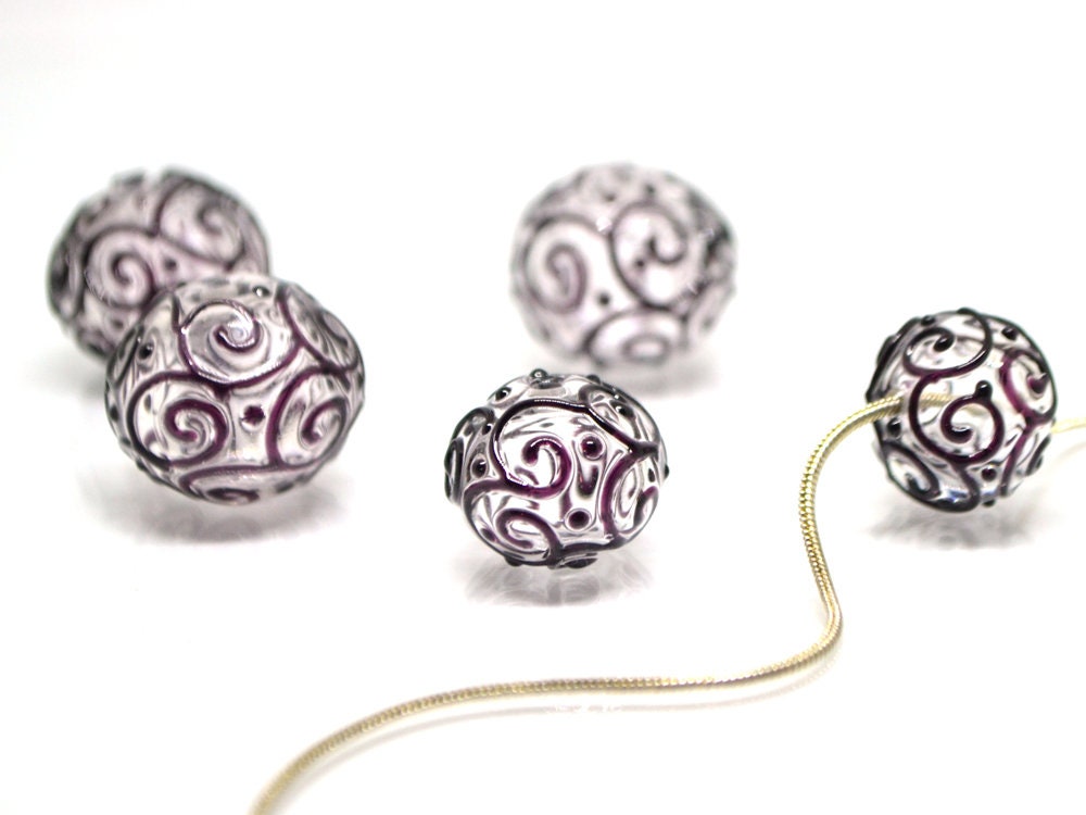 Clear hollow glass beads with black curls, Textured lampwork beads, Transparent clear beads, Artisan Lampwork