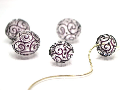 Clear hollow glass beads with black curls, Textured lampwork beads, Transparent clear beads, Artisan Lampwork