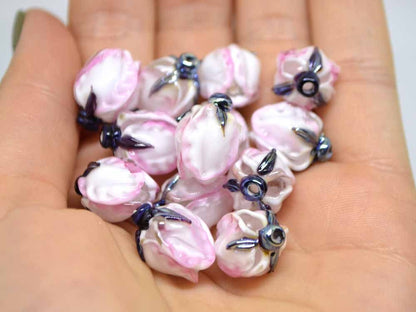 Tender pink flower beads, Lampwork floral beads, Glass flower beads, Pink silver floral beads, Artisan lampwork, Flower earrings DIY