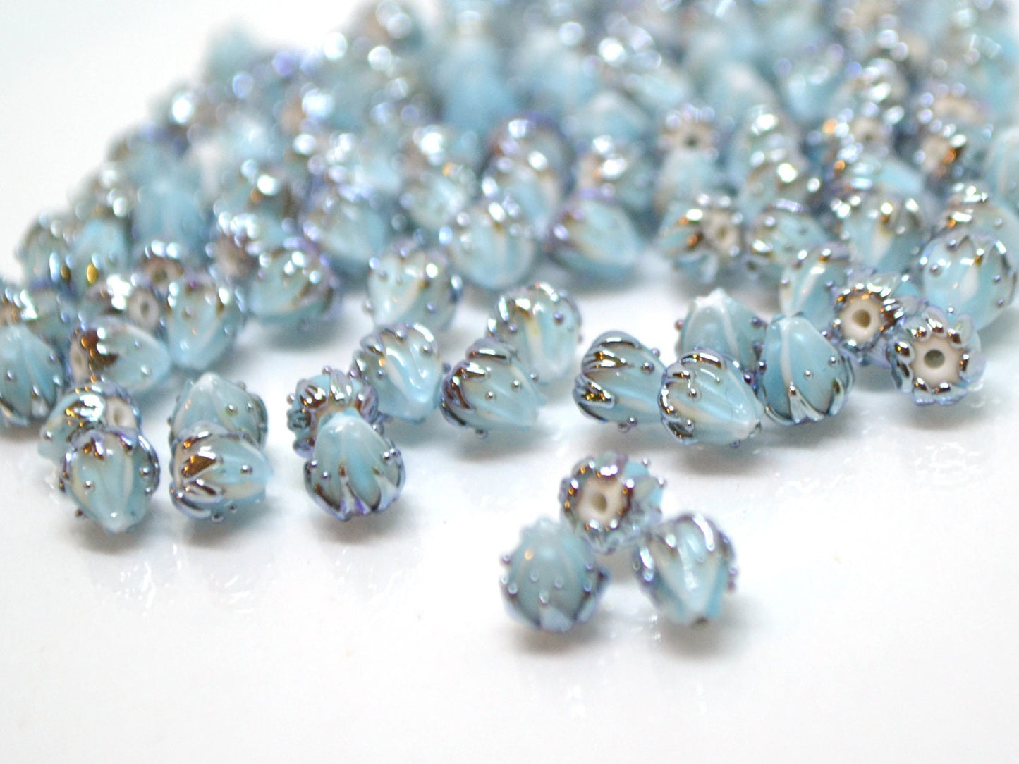 Very small 7mm pale blue and silver flower glass beads, Tiny flower beads,  Half drilled beads, Drilled Flowers