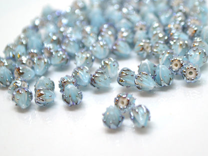 Very small 7mm pale blue and silver flower glass beads, Tiny flower beads,  Half drilled beads, Drilled Flowers