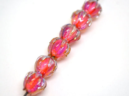 Red orange silver floral beads, Flower lampwork bead, 10mm flower beads, Lampwork flower glass beads, Artisan lampwork, bright glass beads