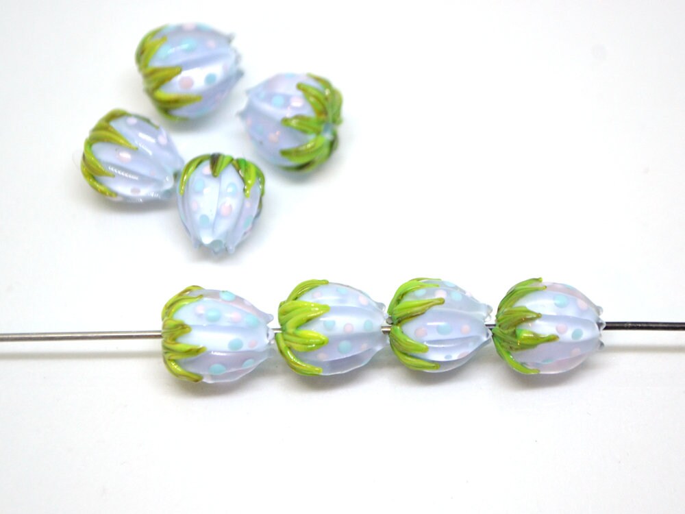 Pastel blue flower beads with colorful dots, Floral glass beads with green leaves, 12mm flower beads, Easter, Artisan lampwork