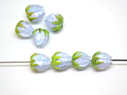 Pastel blue flower beads with colorful dots, Floral glass beads with green leaves, 12mm flower beads, Easter, Artisan lampwork