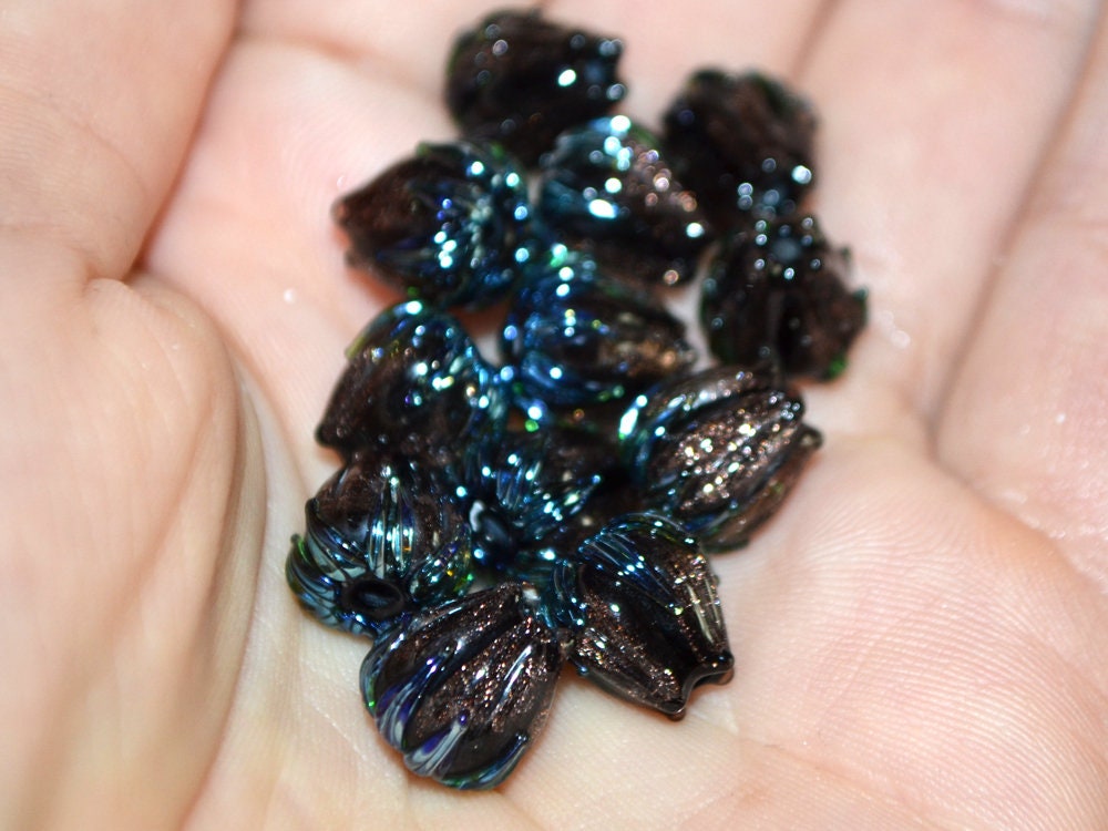 Aventurine glass beads, 10mm flower beads, Gold sand glass bead, Brown Floral lampwork, Sparkle flower bead, Floral theme beads Fall jewelry