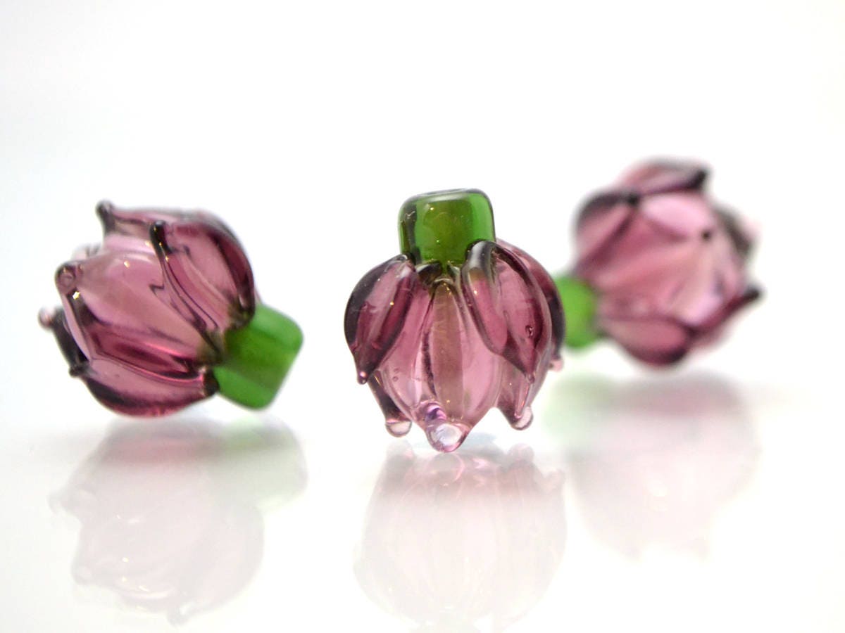 purple flower lampwork glass bud beads floral jewelry making set artisan lampwork earrings necklace violet amethyst transparent green