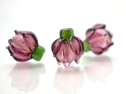 purple flower lampwork glass bud beads floral jewelry making set artisan lampwork earrings necklace violet amethyst transparent green