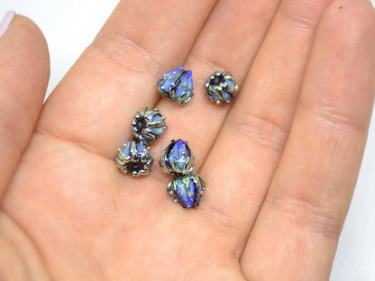 Small 7mm black blue stardust silver flower glass beads, Tiny flower beads, Mini flower beads, Beads wholesale, Artisan lampwork