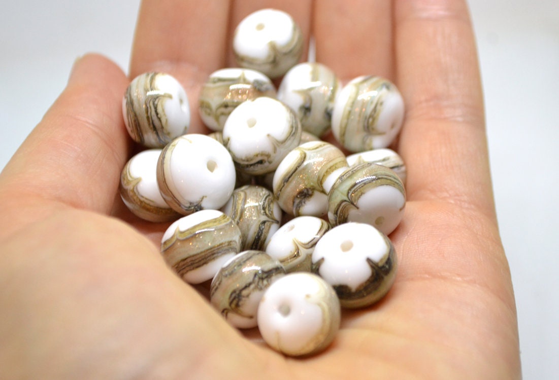 White and Gold lampwork beads, White glass beads, Gold sand Glass beads, Artisan lampwork, White lampwork beads, Handmade Beads set