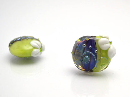 Chamomile lampwork pendant Lentils glass beads Light chrome green pendant Denim blue lampwork Curles beads Artisan lamwork Flower beads
