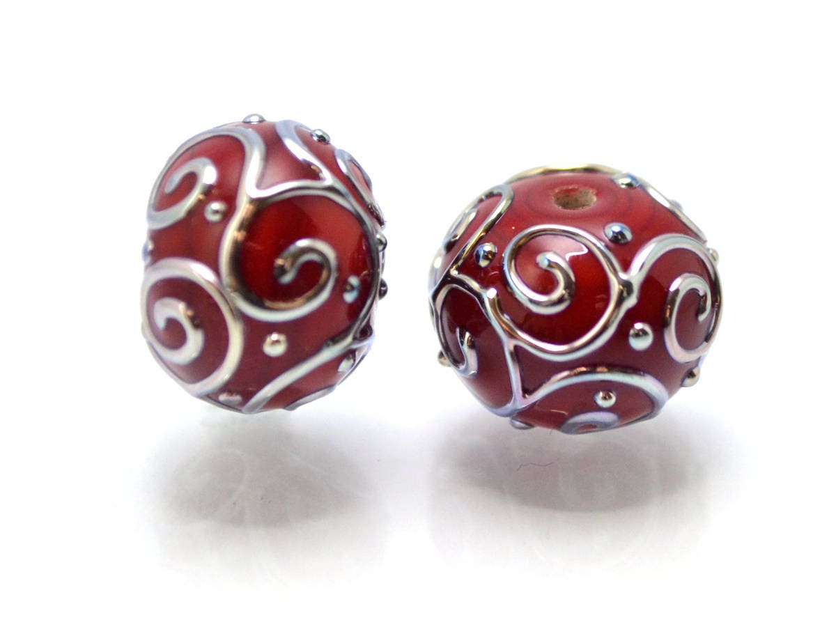 black red lampwork handmade bead artisan lampwork bead set jewelry making round bead silver curl dots red and black glass lampwork beads