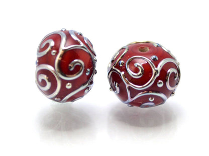 black red lampwork handmade bead artisan lampwork bead set jewelry making round bead silver curl dots red and black glass lampwork beads