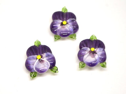 Purple glass pansy beads, Lampwork pansies, Lampwork flower beads, Purple lampwork pansy