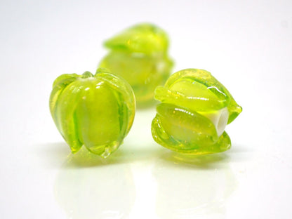 Green floral lampwork beads, Grass green flower beads for jewelry making, Floral earrings, netting beads
