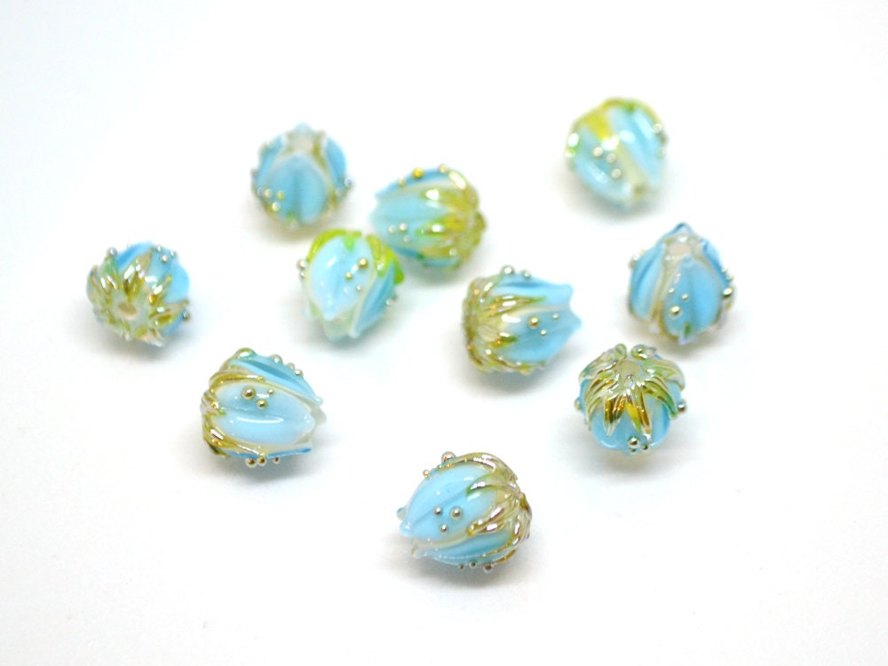 Lampwork glass flower beads 10mm, Light aquamarine flower buds with green gold leaves, Handmade lampwork, blue glass beads, Something blue