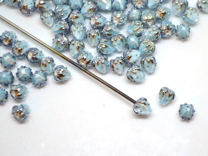 Very small 7mm pale blue and silver flower glass beads, Tiny flower beads,  Half drilled beads, Drilled Flowers