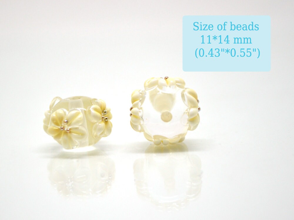 Ivory floral lampwork glass beads, Ivory flowers on transparent beads, Rondelle beads, Wedding bracelet, Jewelry making, Artisan lampwork