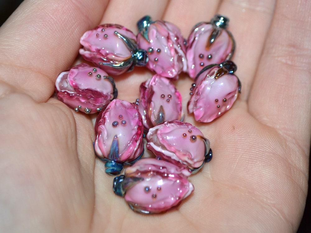 Amazing pink lampwork flower beads, Pink white glass floral beads, Focal lampwork beads