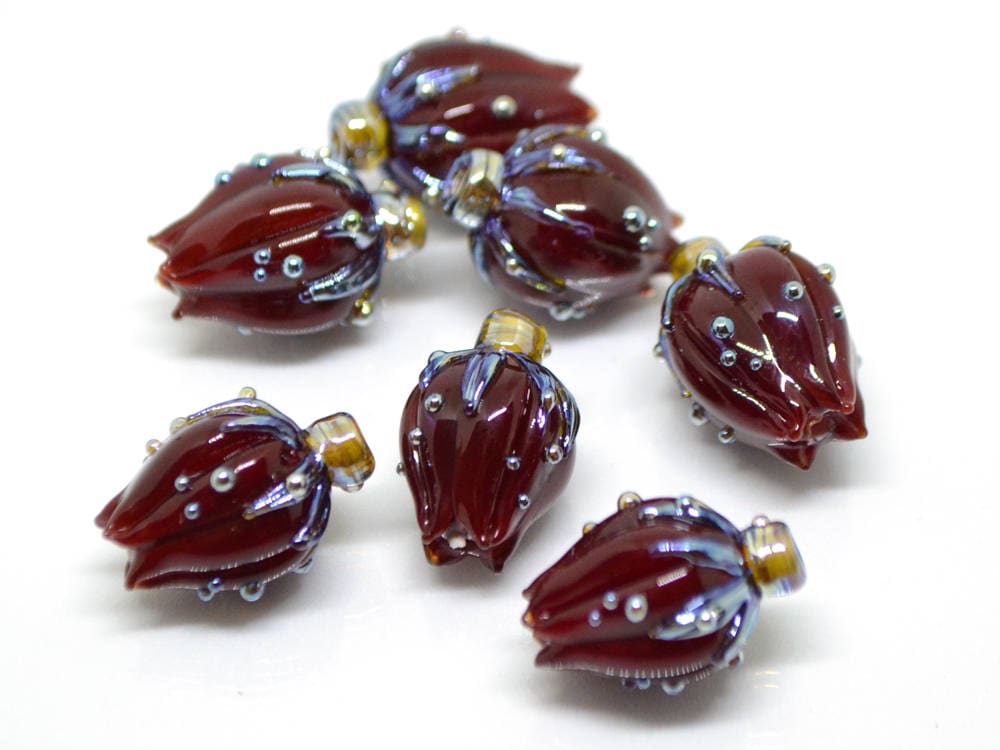 bordeaux red glass flower beads lampwork handmade beads artisan lampwork flower bead sculpture flower focal bead dark red brutalist jewelry