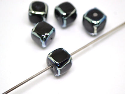 Black silver square beads, Black cube beads, Black spacer beads, Black lampwork beads, Artisan lampwork, 10mm cube beads, Geometric beads
