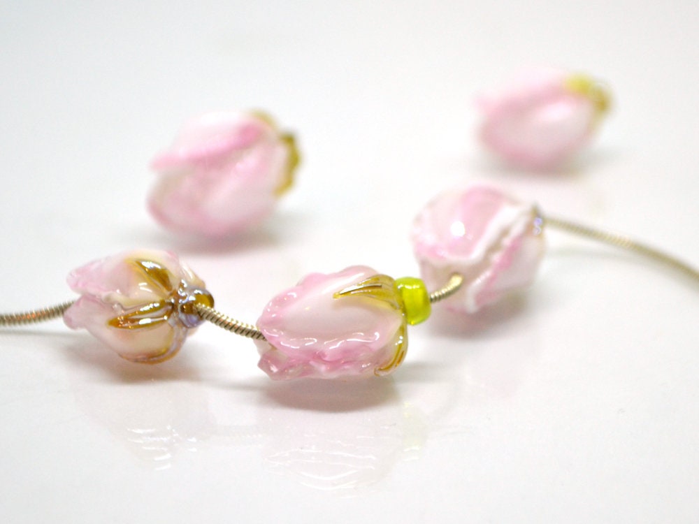 White pink flower lampwork bud beads, Handmade lampwork, Floral lampwork, Made to Order