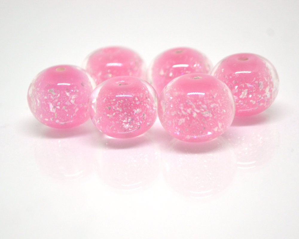 Pink lampwork foil beads, Handmade glass, Artisan lampwork, Shimmering Sparkling Round Silver Wedding jewelry making bead bride set bracelet