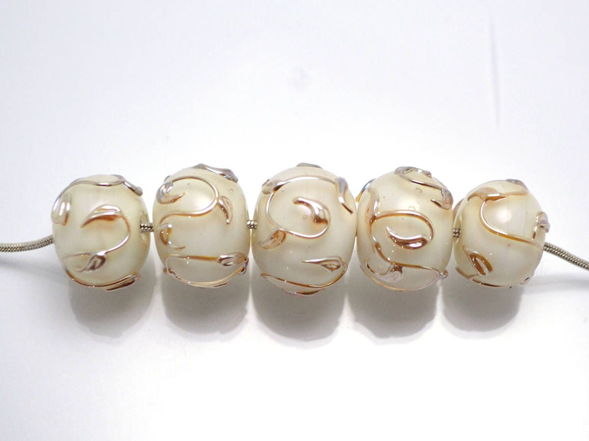 white pearl artisan lampwork bead handmade glass beads for wedding jewelry making set gold sprig twig leaf on white romantic tender earrings